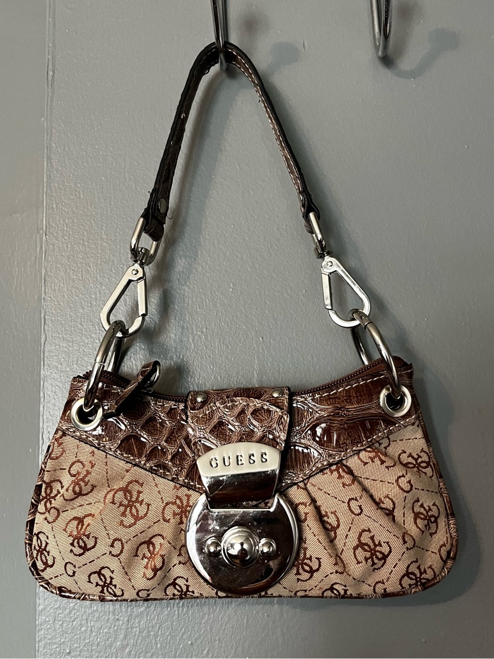 GUESS Beige and Brown Logo Mini Shoulder Bag